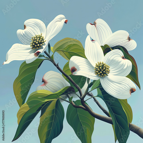 painting of a white dogwood tree with green leaves and a bee photo