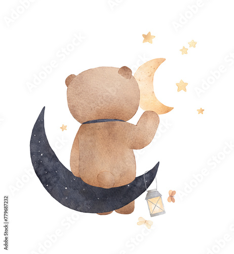Little bear sits on the moon. Bear among the stars. Can be used for cards, invitations, baby shower, posters. Vintage.