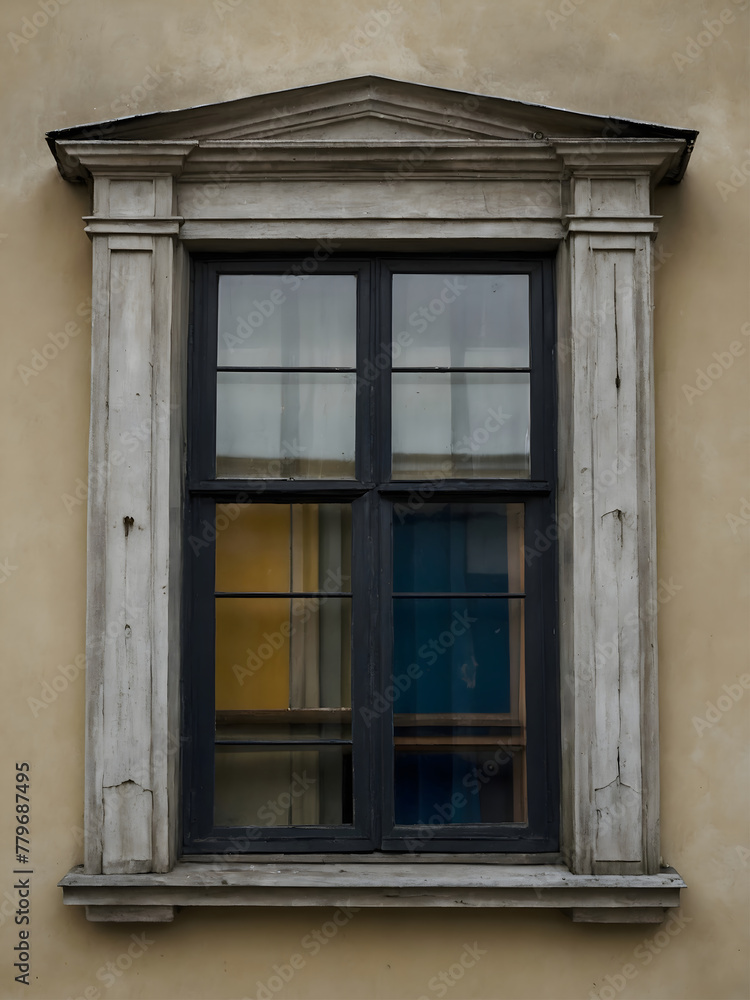 Fototapeta premium Black window with gray frame on white wall
