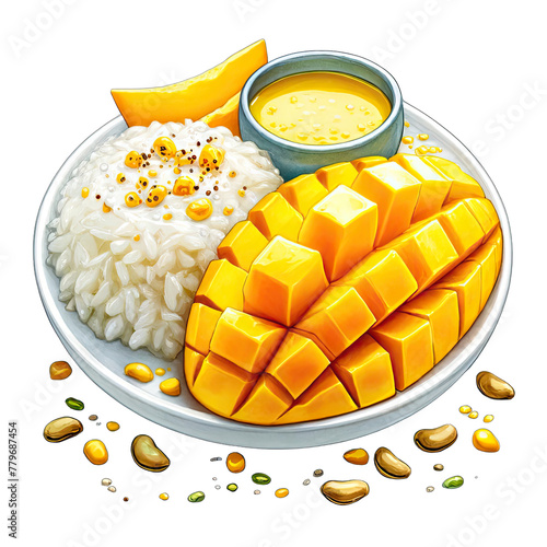User
A mango stick rice,isolated objects,watercolor on white background