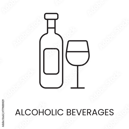 Alcoholic drinks, wine bottle and glass line icon in vector with editable stroke
