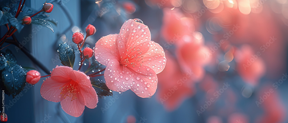 a many pink flowers that are on a branch a many pink flowers that are on a branch