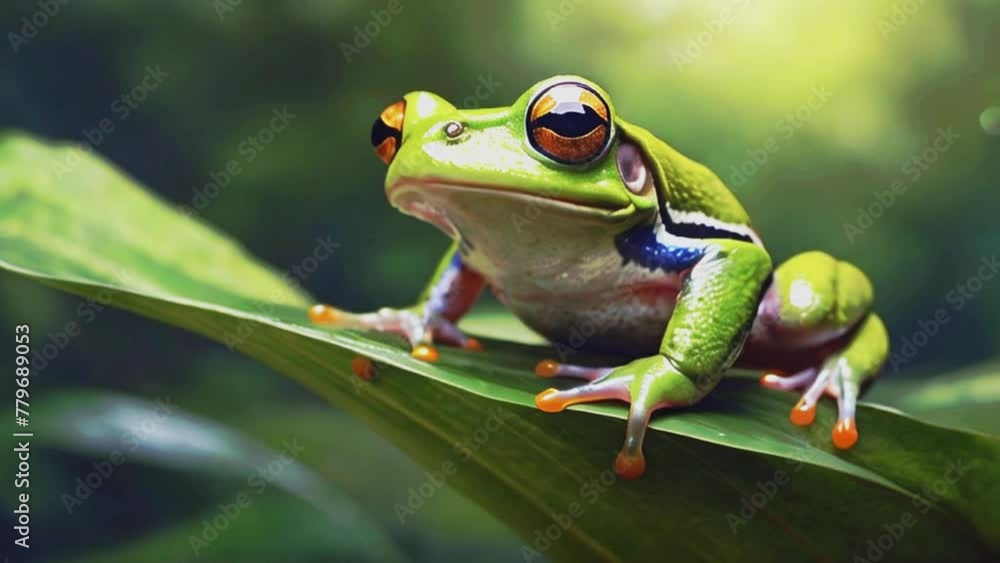 Green frog with big, glossy eyes, sitting on a leaf. AI Generated Green frog with big, glossy eyes, sitting on a leaf. AI Generated