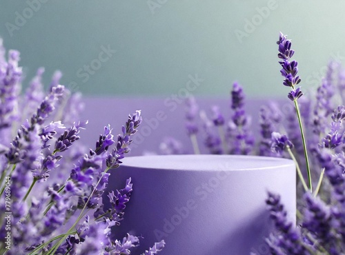 Lavender podium flower background purple product nature platform stand summer 3d table. Cosmetics display.