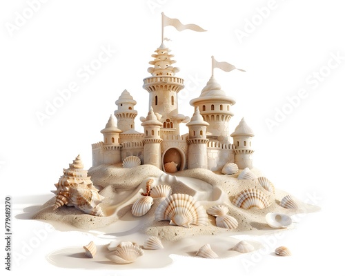 Sandcastle clipart adorned with seashells and seaweed