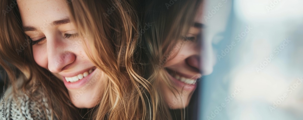 Woman Embracing her Changing Body, Smiling at Reflection in Mirror with Banner Space, Illustrating the Concept of Personal Growth and Self-Acceptance. Woman Embracing her Changing Body, Smiling at Reflection in Mirror with Banner Space, Illustrating the Concept of Personal Growth and Self-Acceptance.