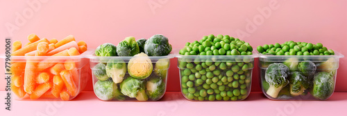 Assorted frozen vegetables in plastic containers on pink background. Frozen green peas, brussels sprouts, and carrots in transparent plastic boxes. Frosty veggies on pink, food preservation