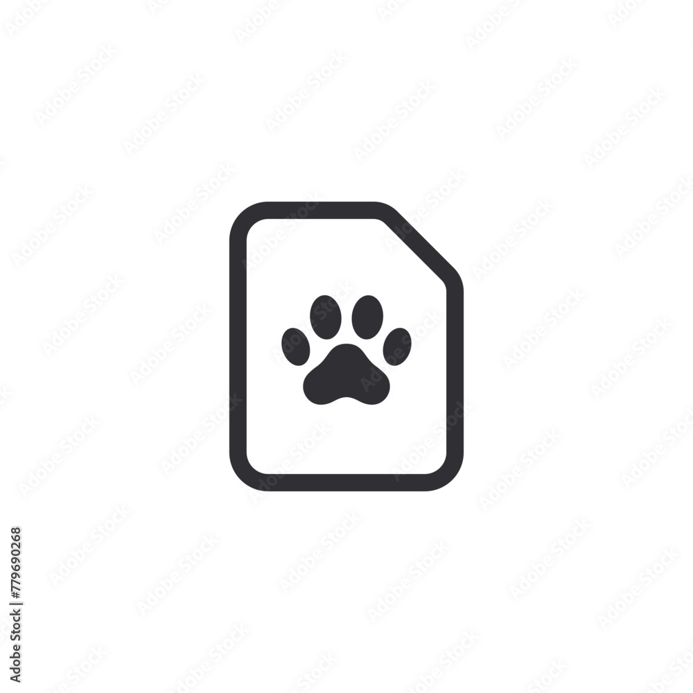 Document icon. Medical card. Paw icon. Medical animal card. Medical record. Medical diagnosis. Profile icon. Identification card. Id card. Wild animal. Veterinary clinic.  File icon. Animals notes.