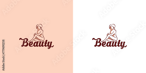 Vector logo Beauty, hand-drawn with a pen. A woman sits on the floor with her legs crossed.
