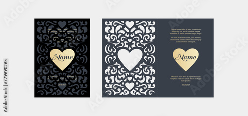 Template for laser cutting of wedding cards and invitations with heart and openwork 04
