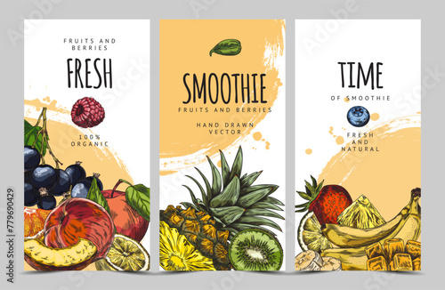 Tropical fresh fruits and berries smoothie sketch on vector design flyers set, organic natural food hand drawn © sabelskaya