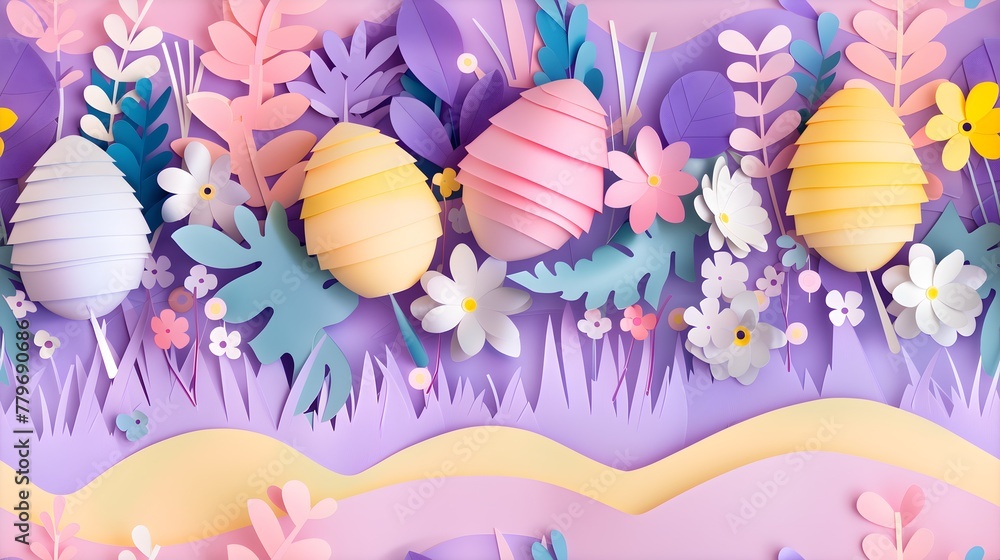 Paper Art Easter Eggs Spring Flowers Background Seamless Pattern