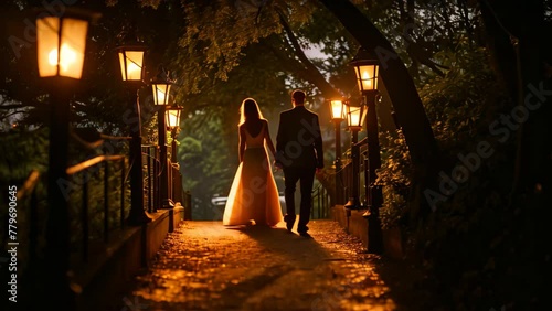 A stunning Video capturing the romantic scene of a bride and groom walking along a path illuminated by moonlight, Newly wed couple walking down a lantern-lit path, AI Generated photo