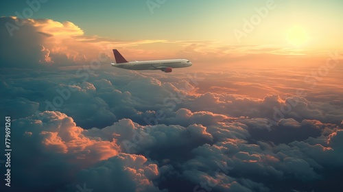 Avion de profil volant au-dessus des nuages au coucher du soleil ou lever. Profile plane flying above the clouds at sunset or sunrise.