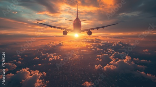 Avion volant dans le ciel au-dessus des nuages au coucher de soleil. Plane flying in the sky above the clouds at sunset.