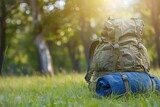Blurry military backpack blue tent and sleeping bag on green grass with tree Camouflage army rucksack in sunny outdoor setting Summer hiker blurred