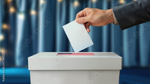 Une main mettant un bulletin de vote dans une urne. A hand placing a ballot paper in a ballot box. photo
