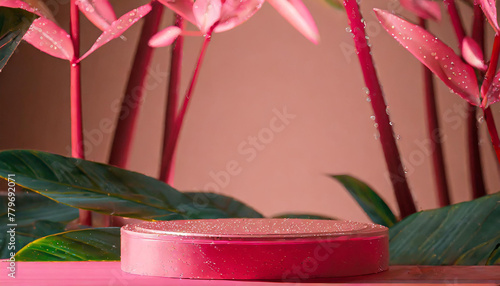 Podium with tropical bright leaves for product presentation and on pink background. Generative AI