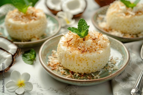 Brazilian dessert sweet tapioca pudding with coconut on marble table photo