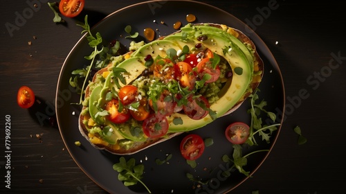 Food photograph of fresh vegetarian avocado toast lunch plate. Food photography.