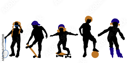 Children and pets silhouettes on white background. Little girls and boys playing outdoor. Vector illustration.   © Евгений Горячев