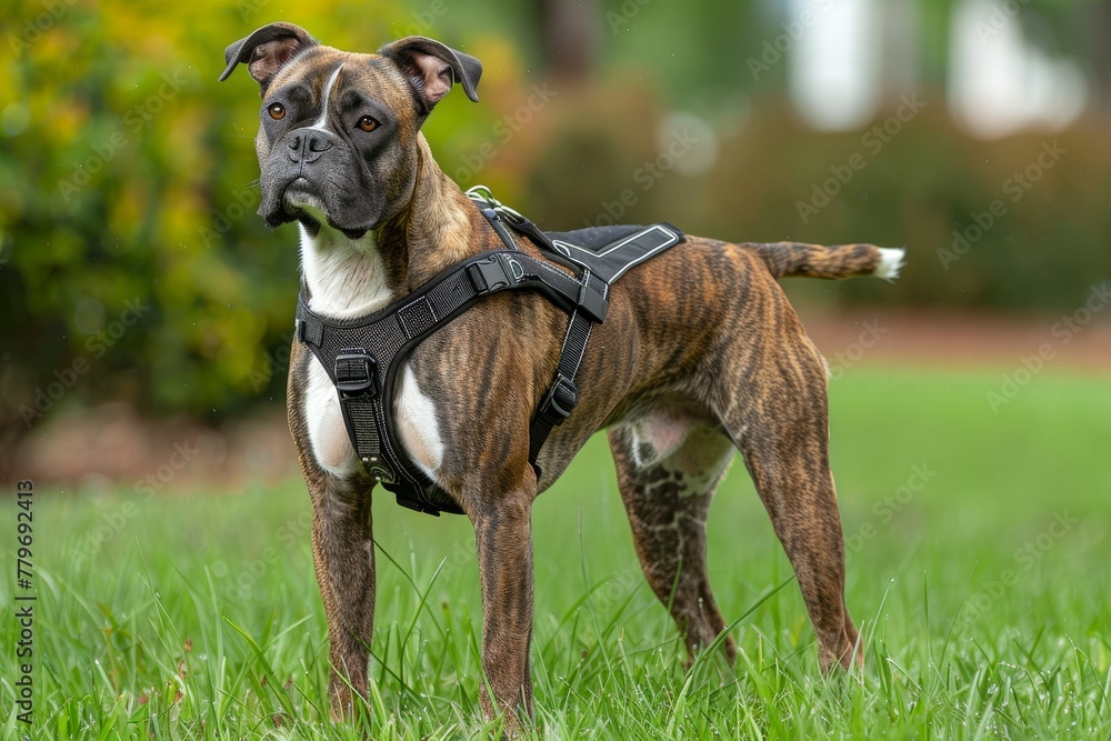 Brindle Boxer dog outdoors on grass wearing black harness with reflectors Brindle Boxer dog outdoors on grass wearing black harness with reflectors