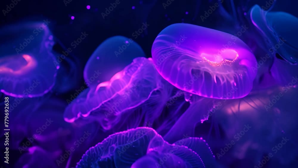 A cluster of jellyfish gracefully glides through the water, showcasing their translucent bodies and long tentacles, Abstract envisioning of a bio-luminescent sea life in the future, AI Generated A cluster of jellyfish gracefully glides through the water, showcasing their translucent bodies and long tentacles, Abstract envisioning of a bio-luminescent sea life in the future, AI Generated