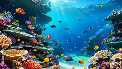 A vivid underwater scene with diverse coral reefs and tropical fish basking in the streaming sunlight from above. AI Generation © Anastasiia