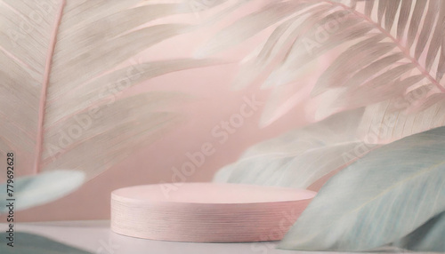 Podium with tropical pastel leaves for product presentation and on beige background. Generative AI © Hulinska Yevheniia