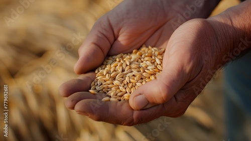 Close-up of hands cradling a handful of mature wheat kernels with a golden wheat field in the background, highlighting agriculture and harvest