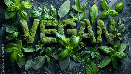 The inscription “VEGAN” is The inscription “VEGAN” is applied against a dark surface background decorated with green leaves. Concept: environmentally friendly 