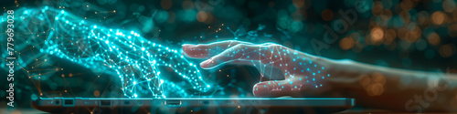 A person s hand reaches out from the screen of their laptop  with an AI brain floating above it in turquoise wireframe lines  illustrating concepts of digital intelligence and machine learning. 