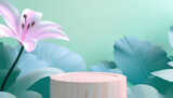 Podium with tropical pastel leaves for product presentation and on background. Generative AI
