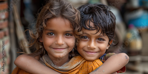 fondo pobreza, primer plano, niñas abrazadas, hermanas sonriendo, denuncia Niños de la Calle, Día Internacional, 12 abril, llamado mensaje de acción, colabora photo