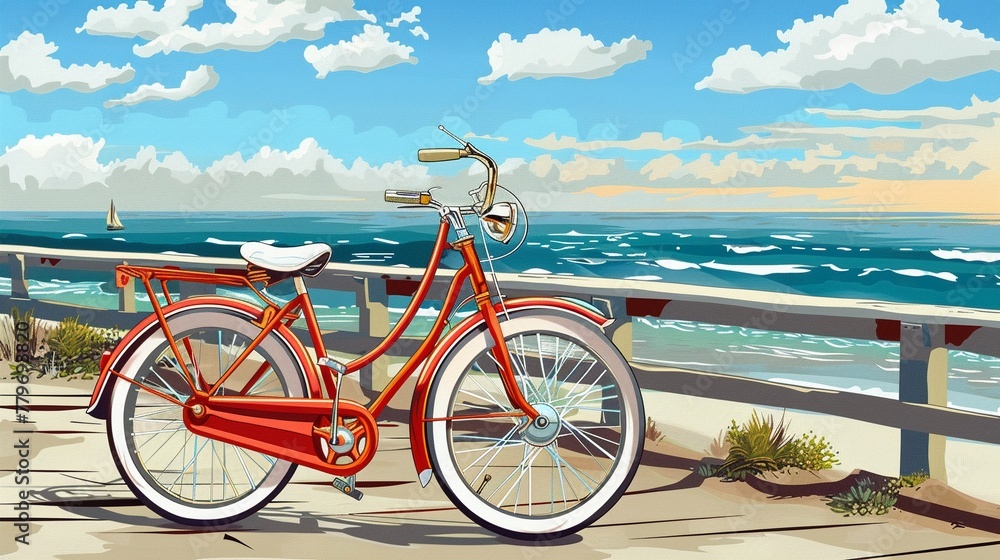 Fototapeta premium Beach bike clipart parked by the boardwalk