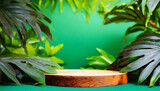 Podium with tropical green leaves for product presentation and on green background. Generative AI