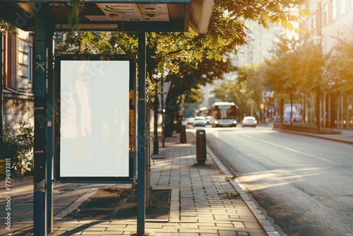 City bus stop with empty white advertising mock up clear public info board in urban setting on sunny summer day blank billboard with space for messa photo