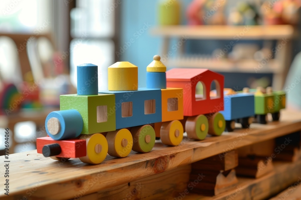 Colorful wooden toy train with blocks and wagons Colorful wooden toy train with blocks and wagons
