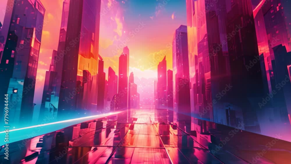 A digital painting showcasing a futuristic city in the warm hues of a sunset, Abstract shapes morphing into a futuristic city under a neon sky, AI Generated A digital painting showcasing a futuristic city in the warm hues of a sunset, Abstract shapes morphing into a futuristic city under a neon sky, AI Generated
