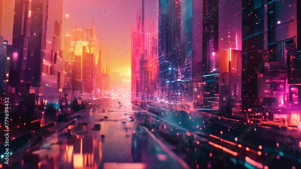 A bustling metropolis with vibrant neon lights illuminating the towering futuristic buildings and busy streets, Abstract shapes morphing into a futuristic city under a neon sky, AI Generated A bustling metropolis with vibrant neon lights illuminating the towering futuristic buildings and busy streets, Abstract shapes morphing into a futuristic city under a neon sky, AI Generated