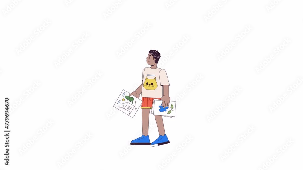Little african american boy showing painting line 2D character animation. Creative talent flat color cartoon 4K video, alpha channel. Child artist holding pictures animated person on white background Little african american boy showing painting line 2D character animation. Creative talent flat color cartoon 4K video, alpha channel. Child artist holding pictures animated person on white background