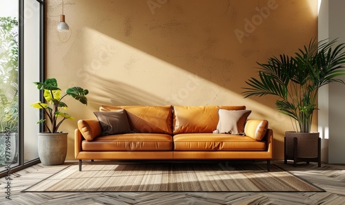 Living room interior wall mockup in warm tones with leather sofa which is behind the kitchen photo