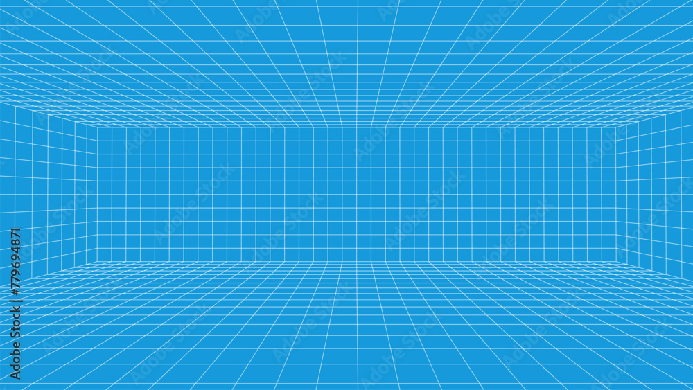 3d wireframe room. Perspective laser grid. A template for interior design in perspective. Cyberspace blue background with white mesh. 3d wireframe room. Perspective laser grid. A template for interior design in perspective. Cyberspace blue background with white mesh.