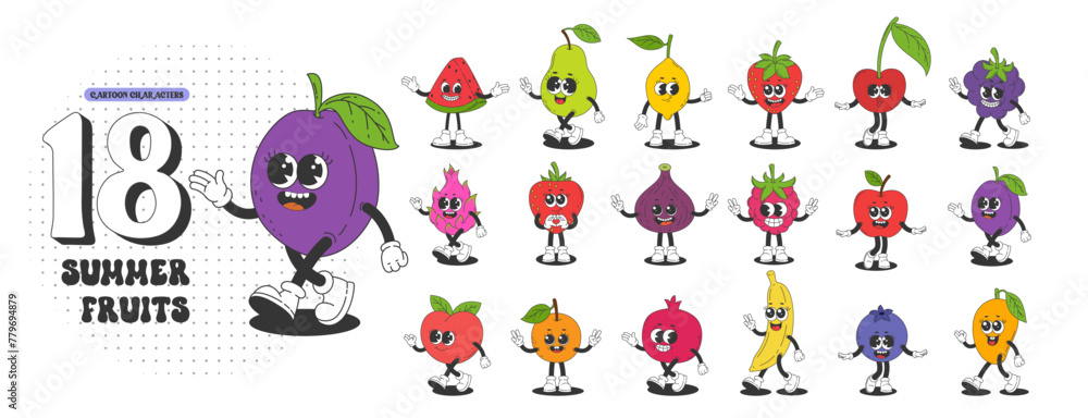 Set of retro fruit characters. Pineapple, strawberry, banana, blueberry, plum cherry, watermelon, apricot, pomegranate, fig, blueberry, pear, apple, lemon, raspberry, peach, mango. Vector illustration