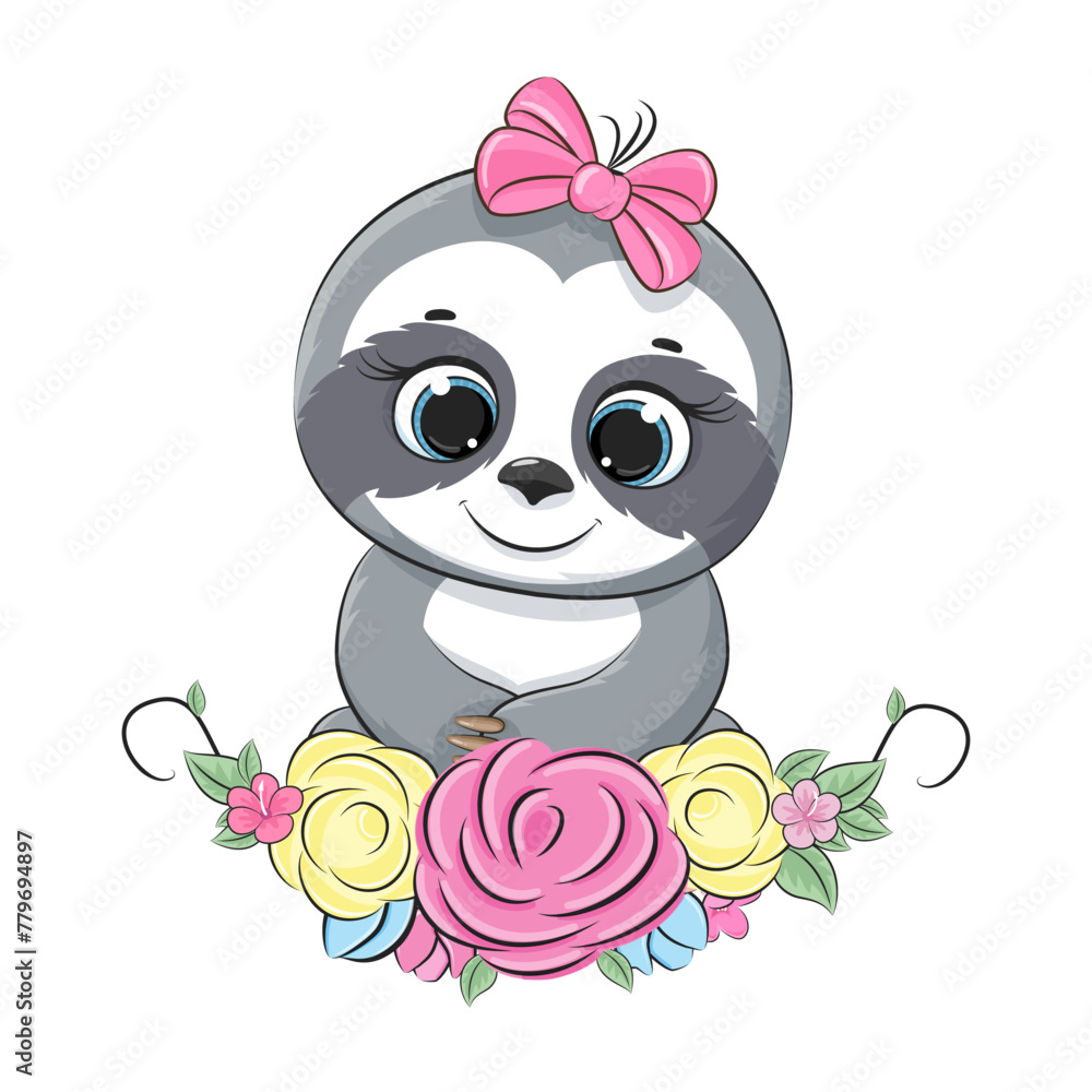 Fototapeta premium Cute baby sloth with floral wreath. Vector illustration