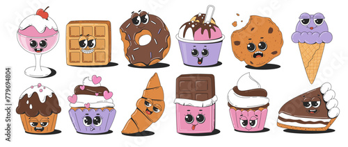Set of retro cartoon funny dessert. Cute groovy sweet cake, chocolate, waffles, oatmeal cookies, croissant, ice cream, donut, candy, cake, cupcakes. Vector illustration.