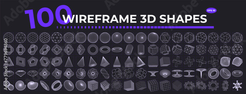 Set of Abstract wireframe 3D geometric shapes. Retrofuturistic design elements. Vector illustration with different linear form.