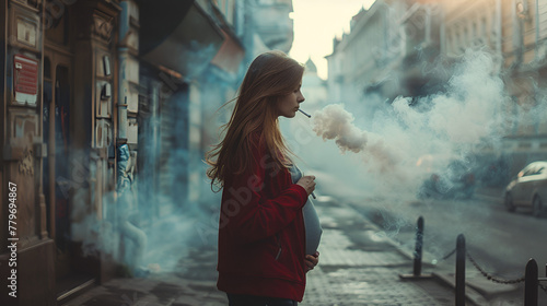 Photograph of beautiful pregnant girl walking on the street smoking . Model photography