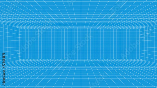 3d wireframe room. Perspective laser grid. A template for interior design in perspective. Cyberspace blue background with white mesh.