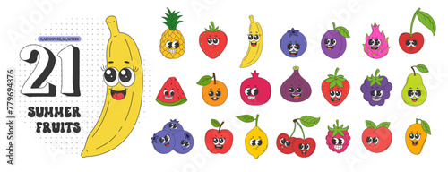 Set of funny groovy fruit characters. pineapple, strawberry, banana, blueberry, plum cherry, watermelon, apricot, pomegranate, fig, blueberry, pear, apple, lemon, raspberry, peach, mango. 